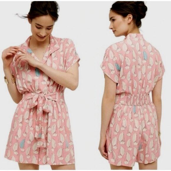 EUC  Anthropologie Maeve Romper Tourista Pink White Sailboat womens Size 4 - Picture 1 of 6